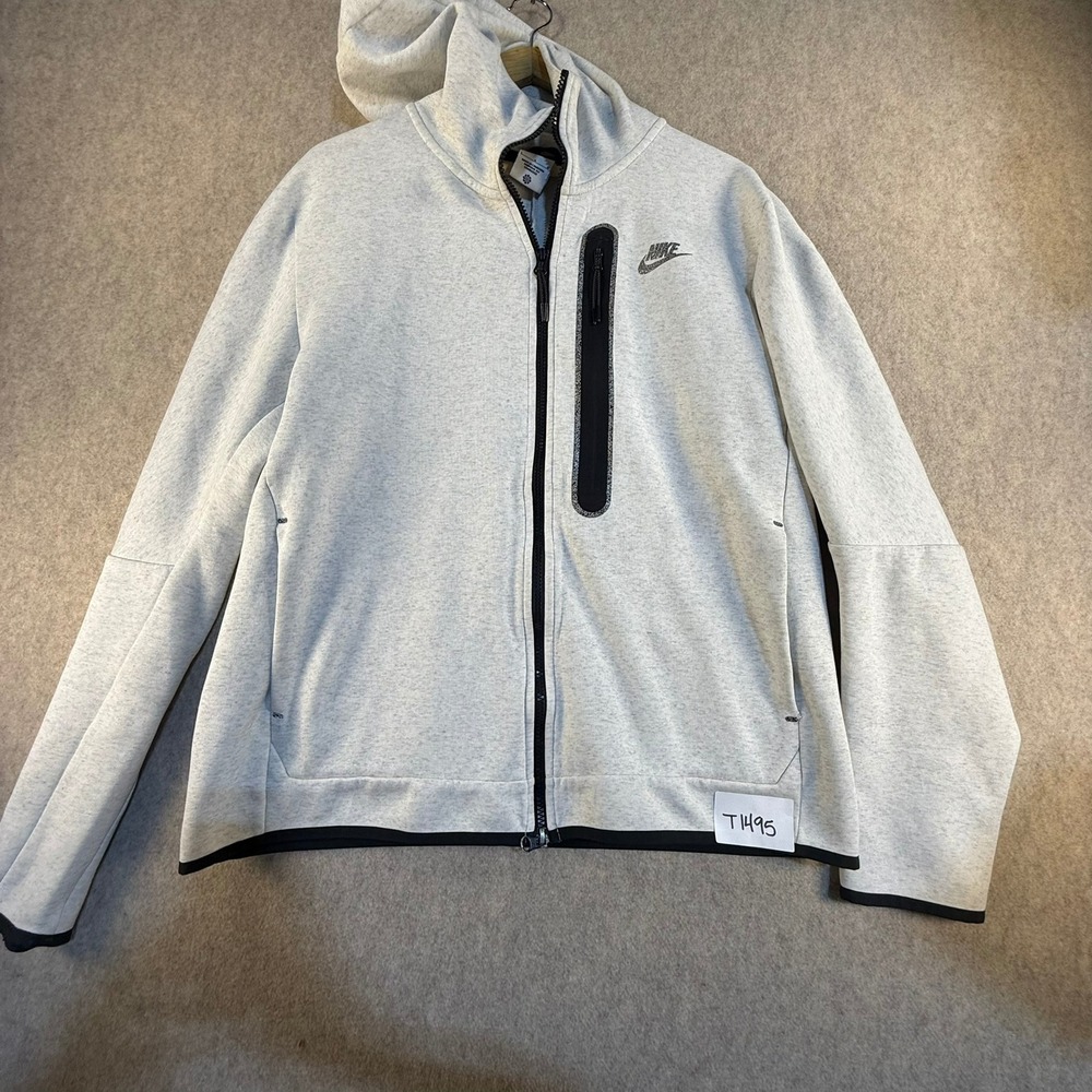 Nike Tech Fleece Full Zip Hoodie Light Grey Heather Black Trim Mens Large